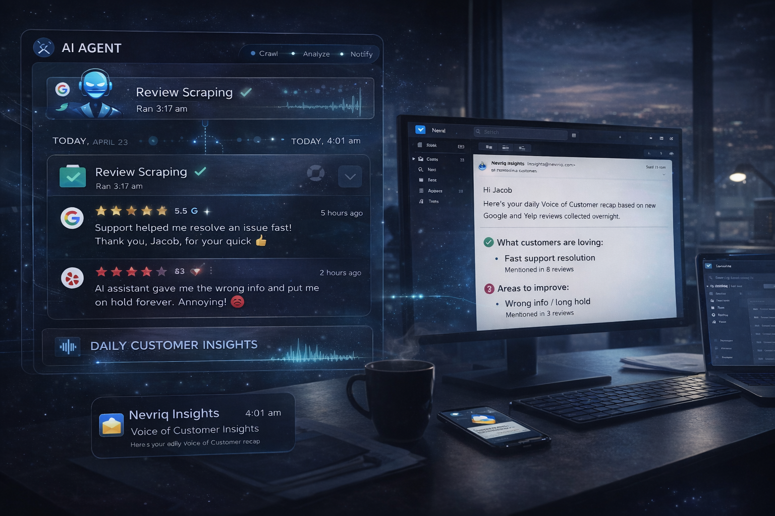 AI Agent analyzing Google Reviews and Yelp feedback with daily customer insights